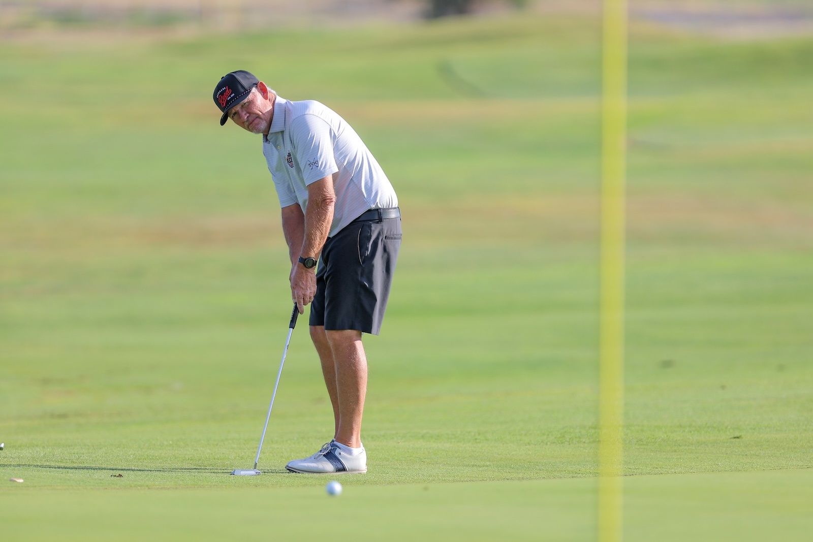 Male golfer lining up a putt on a lush green course, wearing a light polo, dark shorts, and a cap.