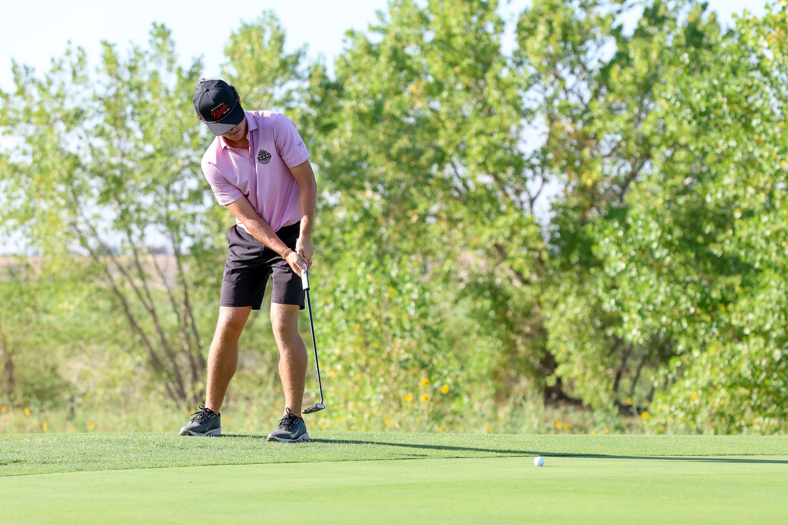 Golfer in a pink polo and black shorts lining up a putt on a sunny green with trees in the background