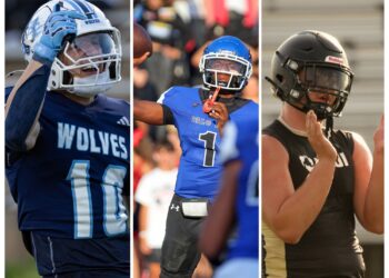 2026 40 Players to Watch 1 | Press Pass Sports Triptych of football players celebrating: left in blue Wolves jersey with helmet, middle in blue jersey with helmet and whistle, right in black jersey with helmet raised hands.