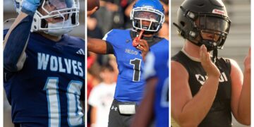 Triptych of football players celebrating: left in blue Wolves jersey with helmet, middle in blue jersey with helmet and whistle, right in black jersey with helmet raised hands.