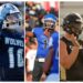 2026 40 Players to Watch 1 | Press Pass Sports Triptych of football players celebrating: left in blue Wolves jersey with helmet, middle in blue jersey with helmet and whistle, right in black jersey with helmet raised hands.