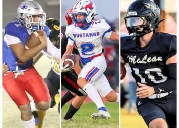 2026 40 Players to Watch 3 | Press Pass Sports Three football players sprinting across a collage: left player in blue, center Mustang in white with ball, right player in dark uniform and helmet.
