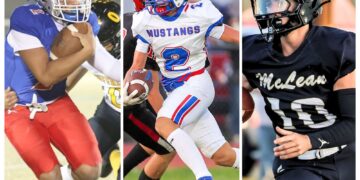 Three football players sprinting across a collage: left player in blue, center Mustang in white with ball, right player in dark uniform and helmet.