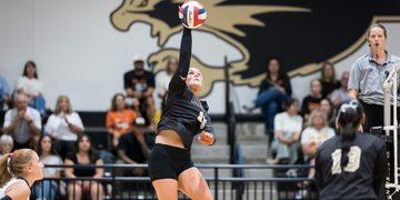 Female volleyball player in black uniform jumps to spike the ball during a match, spectators in bleachers behind her.