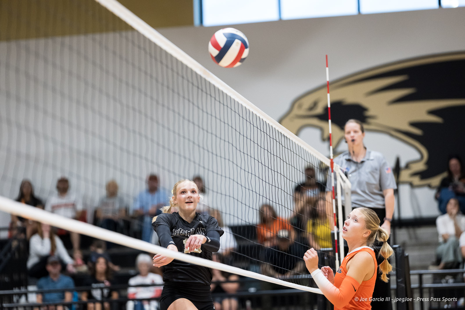 Volleyball game in progress: two players near the net with a ball in midair above the net and spectators in the background.