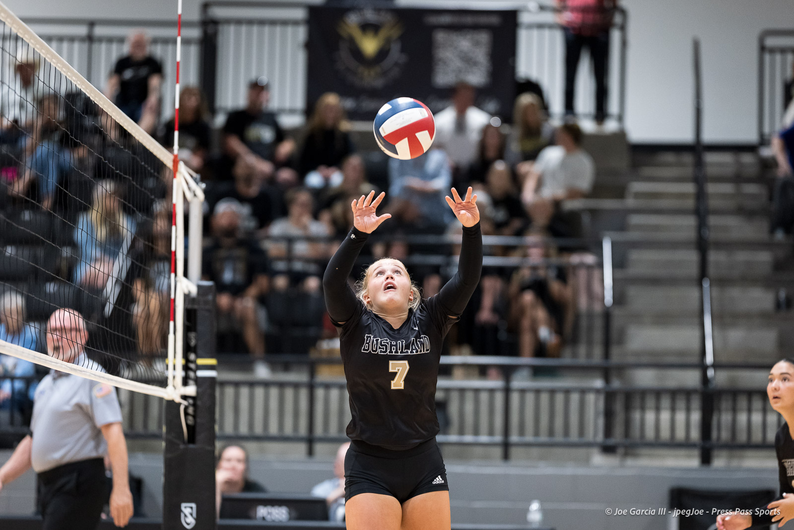 Volleyball player in a black uniform with number 7, arms raised to set the ball over the net during a match with a crowded gym in the background.