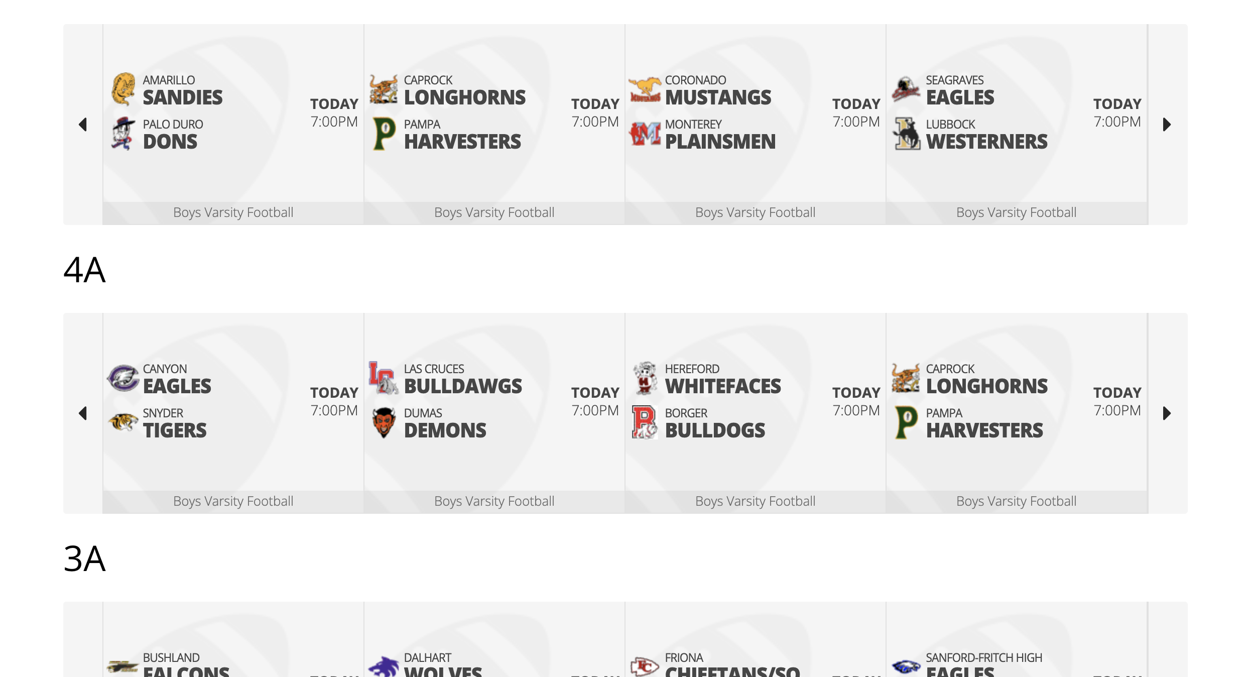 Screenshot 2026-08-28 at 14646 PM | Press Pass Sports Schedule board showing today's Boys Varsity Football games with team logos and 7:00 PM start times (high school).