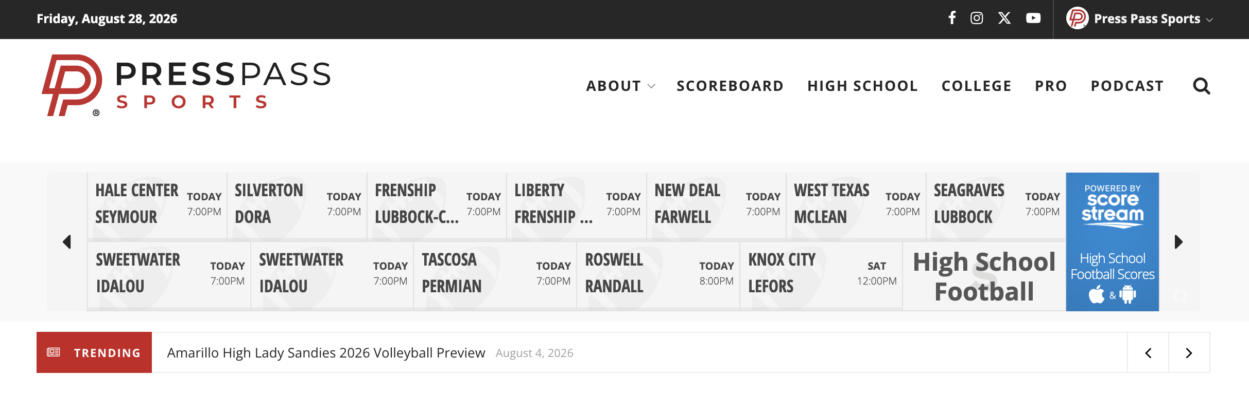 Screenshot 2026-08-28 at 14049 PM | Press Pass Sports Press Pass Sports header with logo and navigation; horizontal carousel shows today's football games and times.
