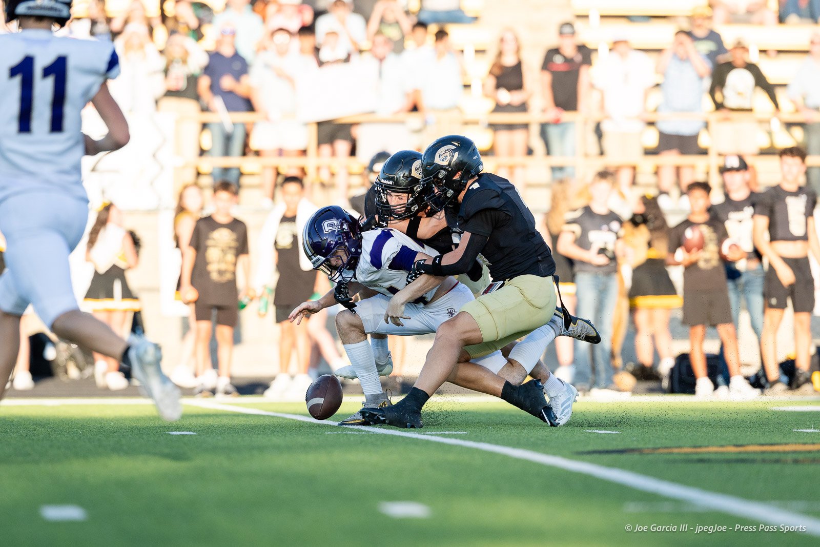 panhnandle-vs-canadian-football-jpegJoe-pps-6 | Press Pass Sports Football game: players dive for the ball as a tackle occurs near the ground with a crowd watching in the stands behind them