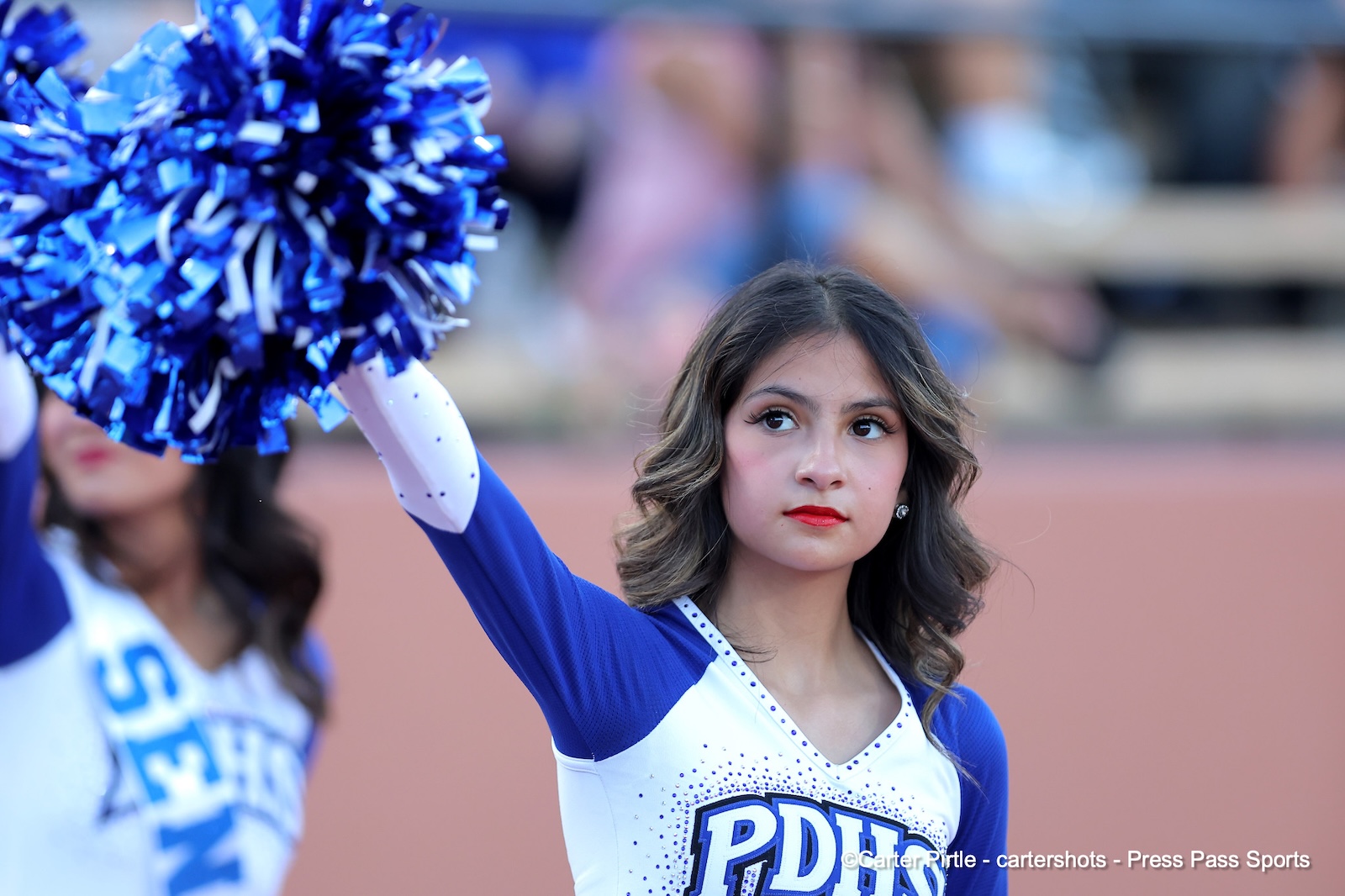 Cheerleader in a blue and white uniform raises a blue pom-pom against a blurred stadium backdrop.