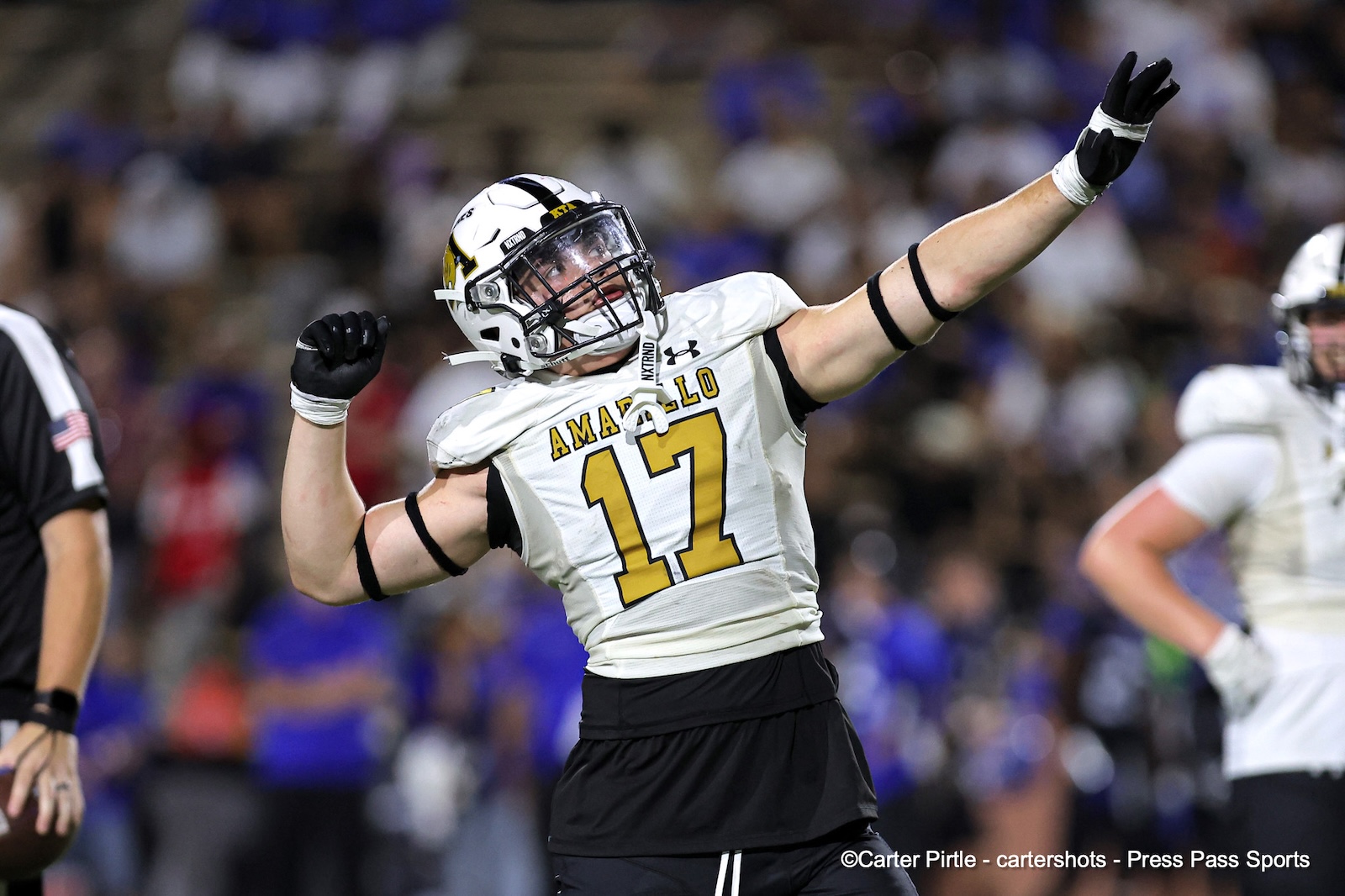 Football player in a white jersey #17 raising his arms in celebration on the field under stadium lights.