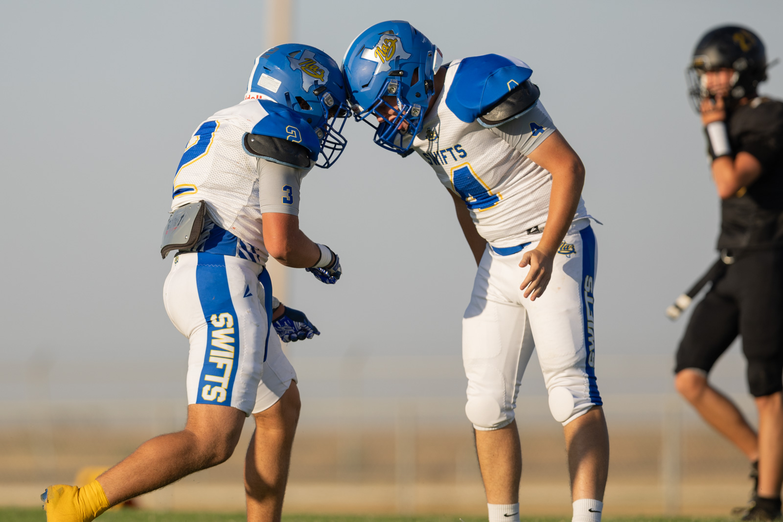HHS-NHS-FB-29 | Press Pass Sports Two Swift football teammates in blue and white uniforms celebrate by helmet-bumping on the field of play, sunlit day.