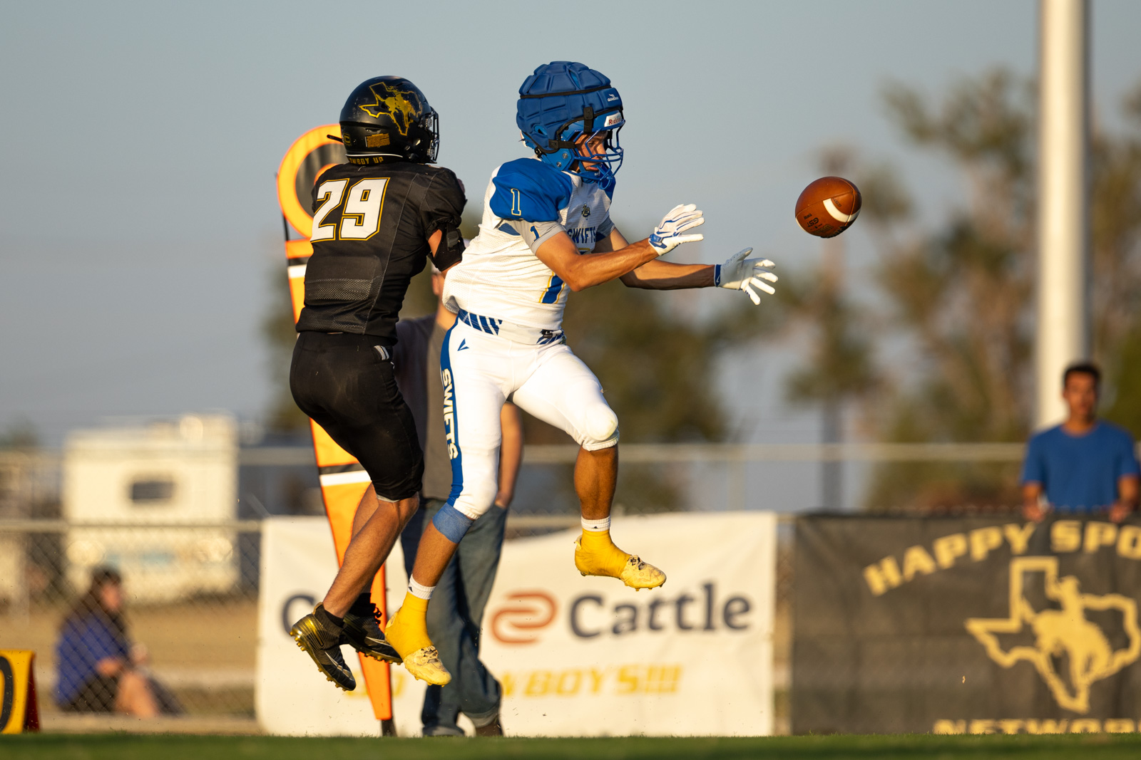 HHS-NHS-FB-45 | Press Pass Sports Two football players jump for a pass near the end zone during a sunny game.