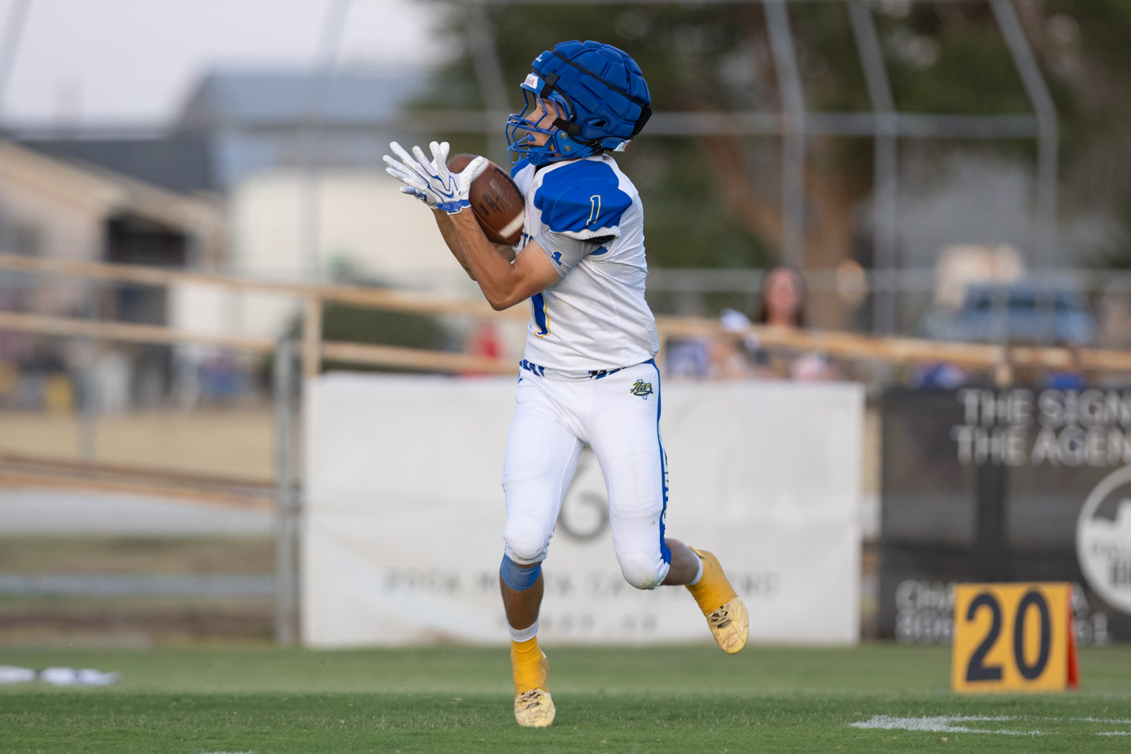 HHS-NHS-FB-47 | Press Pass Sports Football player in white and blue uniform leaps to catch a pass, hands reaching for the ball on a grassy field.