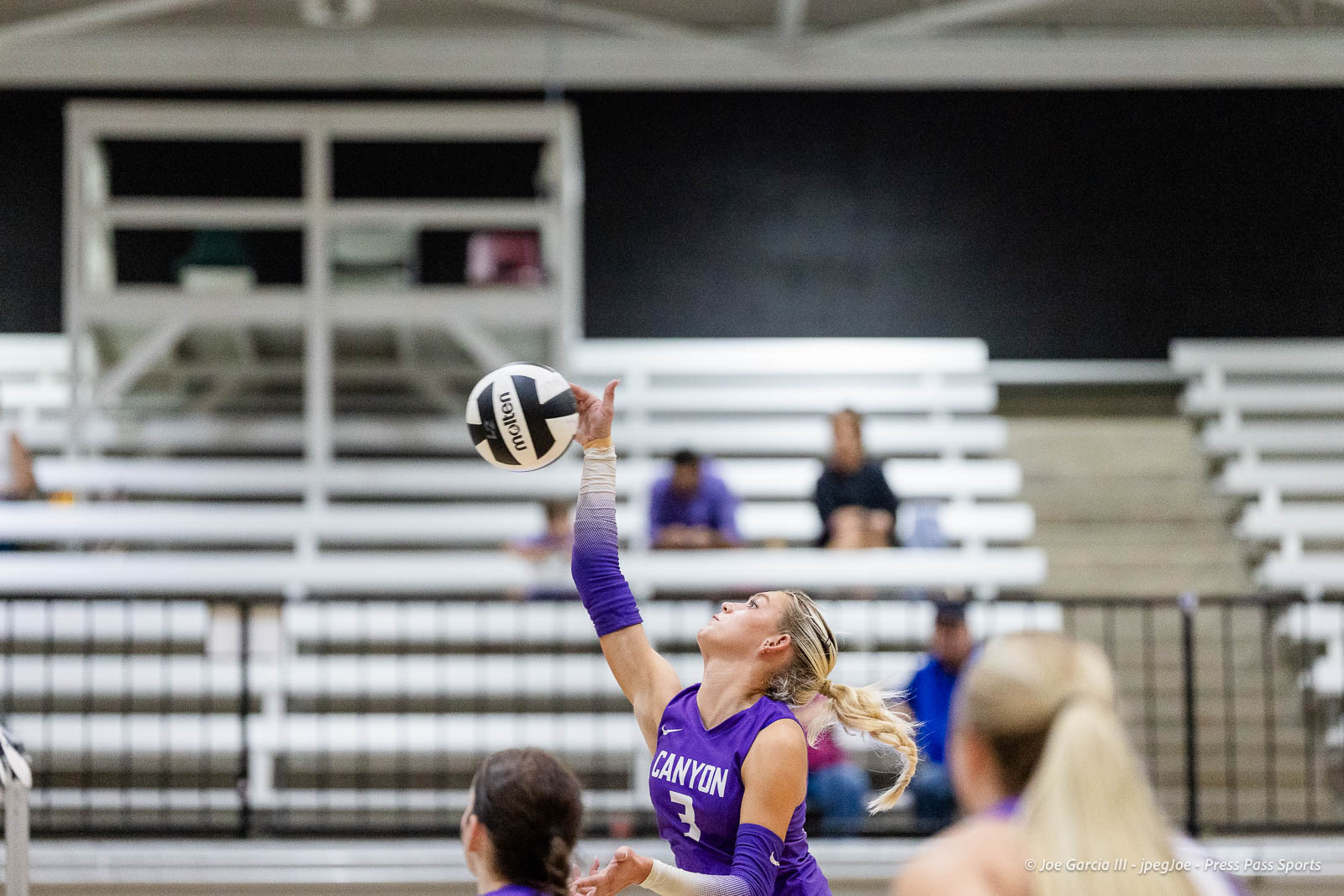randall-showcase-2026-jpegJoe-pps-7 | Press Pass Sports Female volleyball player in a purple jersey (#3) serving the ball during an indoor match, with bleachers in the background.