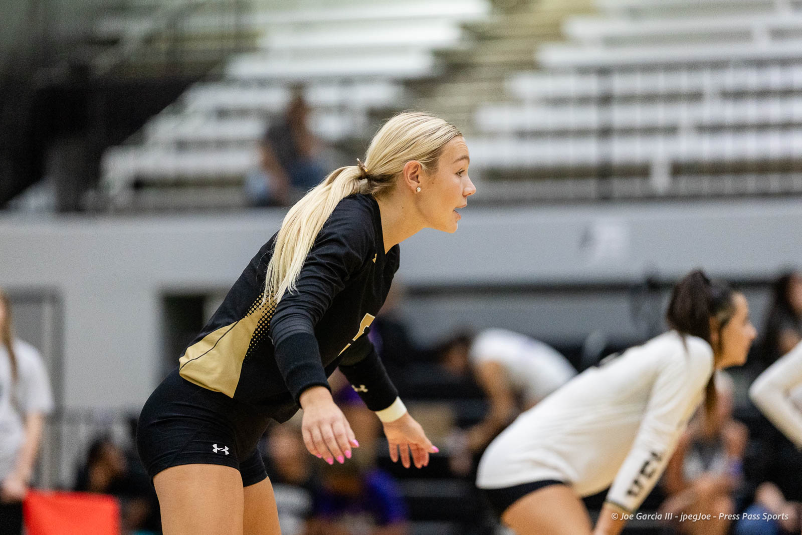 randall-showcase-2026-jpegJoe-pps-79 | Press Pass Sports Female volleyball player in a black jersey crouches on a gym floor, ready to receive serve as others prepare in the background.