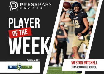 Copy of 2023 Athlete of the Week 70 | Press Pass Sports Banner announcing 'Player of the Week' for Press Pass Sports, featuring a high school football player in uniform throwing a ball, with sponsor logos.