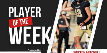 Banner announcing 'Player of the Week' for Press Pass Sports, featuring a high school football player in uniform throwing a ball, with sponsor logos.