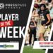 Copy of 2023 Athlete of the Week 70 | Press Pass Sports Banner announcing 'Player of the Week' for Press Pass Sports, featuring a high school football player in uniform throwing a ball, with sponsor logos.