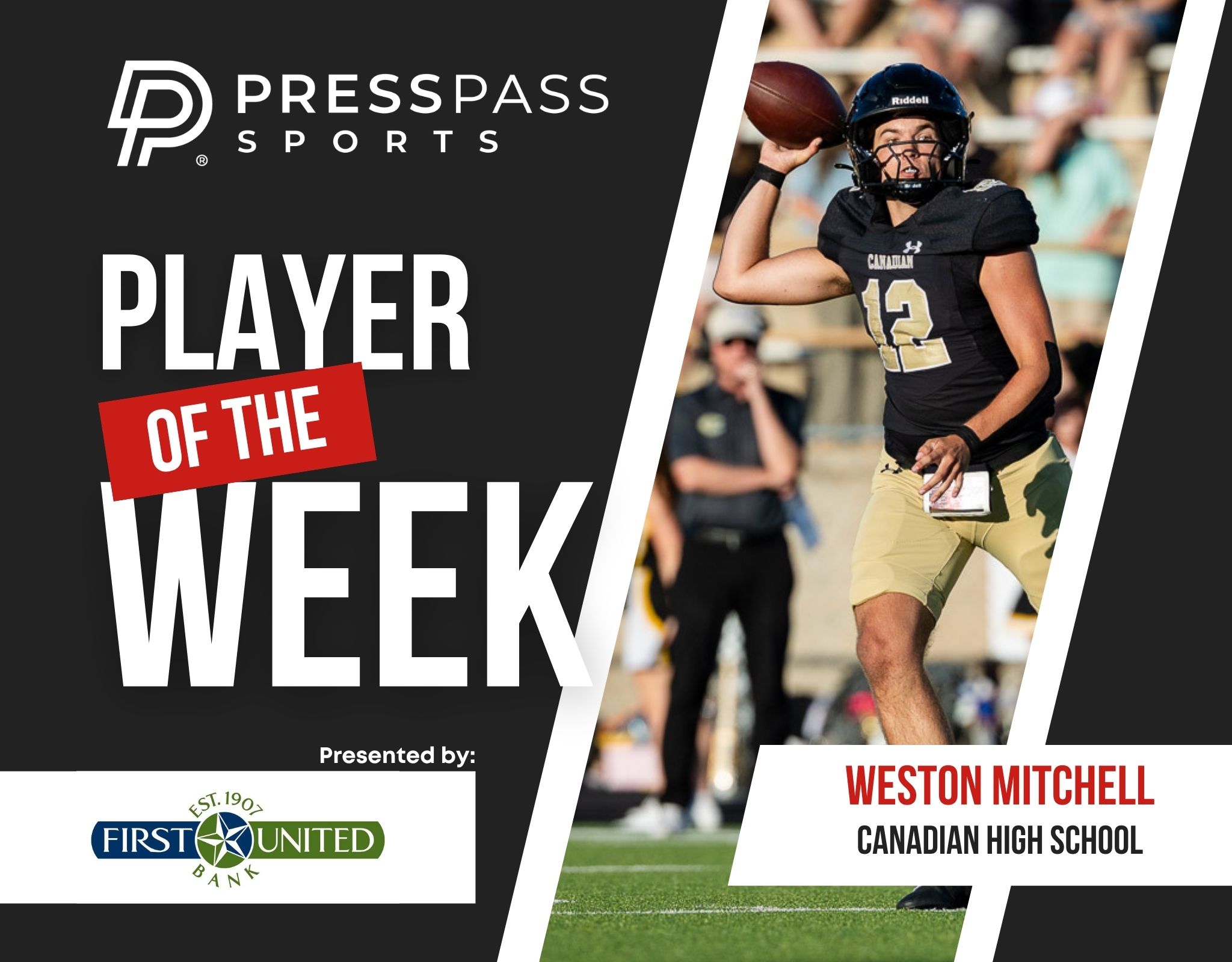 Copy of 2023 Athlete of the Week 70 | Press Pass Sports Banner announcing 'Player of the Week' for Press Pass Sports, featuring a high school football player in uniform throwing a ball, with sponsor logos.