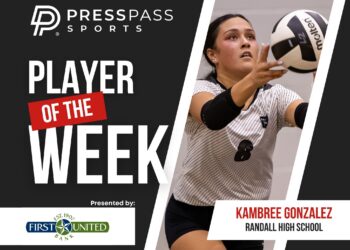 Copy of 2023 Athlete of the Week 71 | Press Pass Sports Poster for Press Pass Sports announcing 'Player of the Week' featuring a female volleyball player reaching for a ball, with sponsor logos nearby.