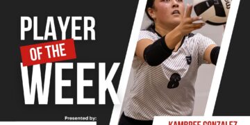 Poster for Press Pass Sports announcing 'Player of the Week' featuring a female volleyball player reaching for a ball, with sponsor logos nearby.