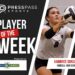 Copy of 2023 Athlete of the Week 71 | Press Pass Sports Poster for Press Pass Sports announcing 'Player of the Week' featuring a female volleyball player reaching for a ball, with sponsor logos nearby.