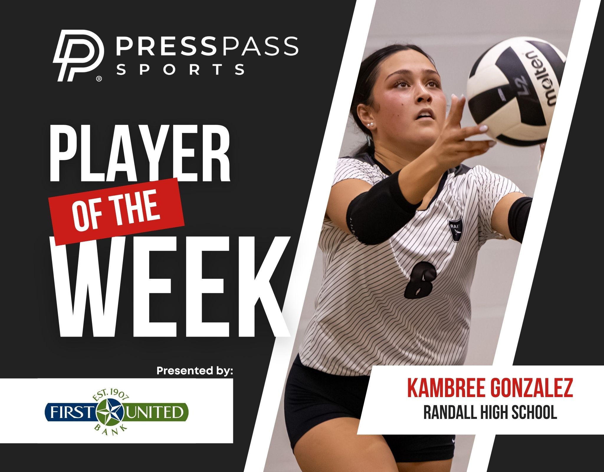 Copy of 2023 Athlete of the Week 71 | Press Pass Sports Poster for Press Pass Sports announcing'Player of the Week' featuring a female volleyball player reaching for a ball, with sponsor logos nearby.