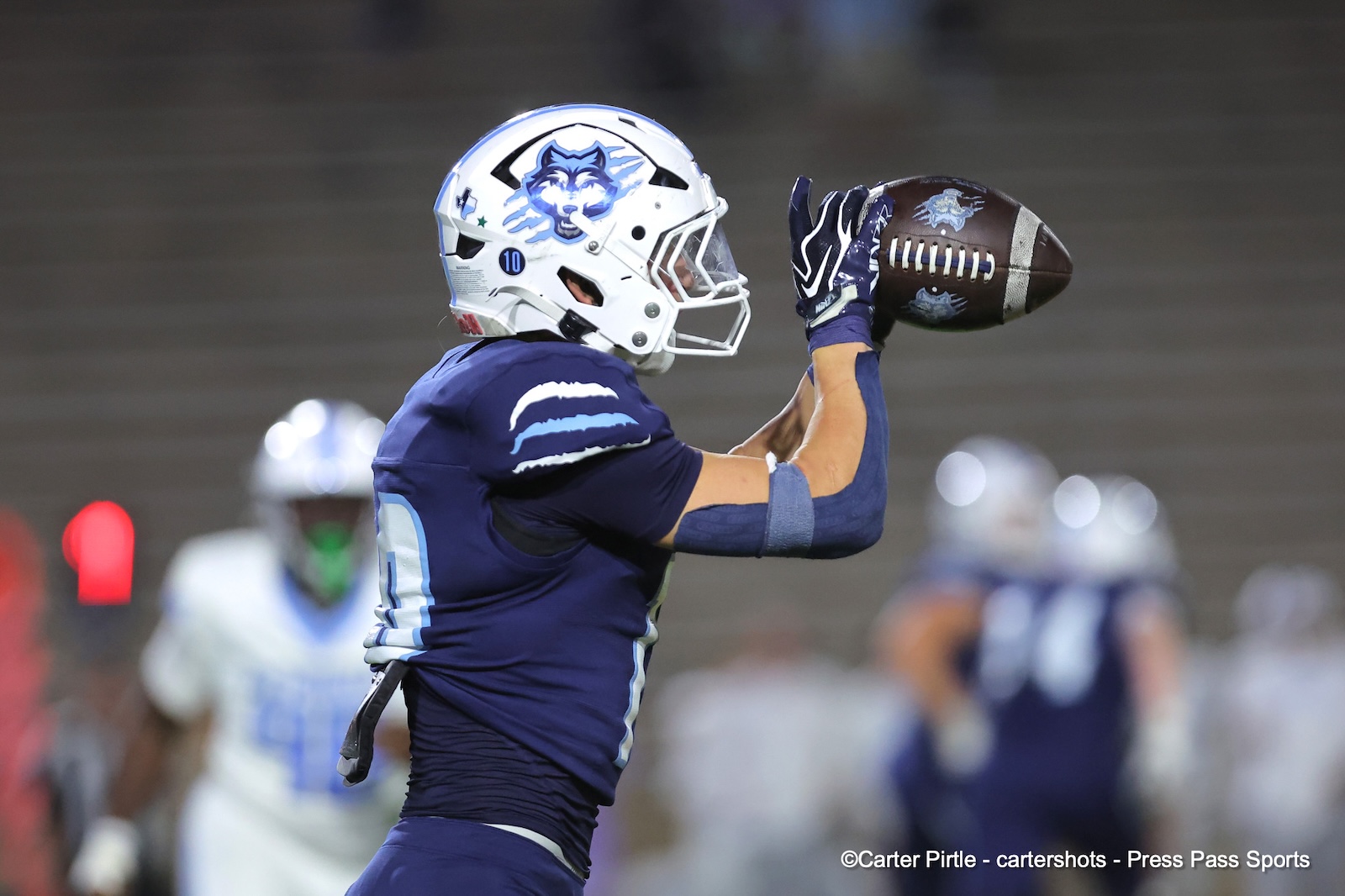 Football player in a blue uniform and white helmet with a wolf logo catches a football mid-air, stadium blurred in background.