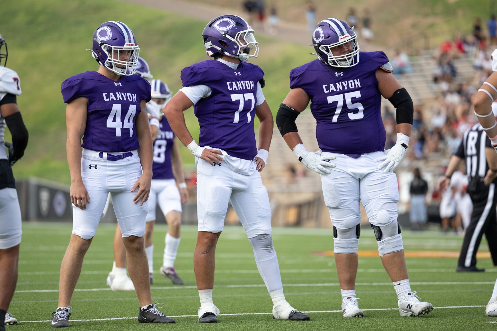 THS-CHS-FB-11 | Press Pass Sports Three Canyon football players in purple jerseys (numbers 44, 77, 75) stand on a green field before a game.