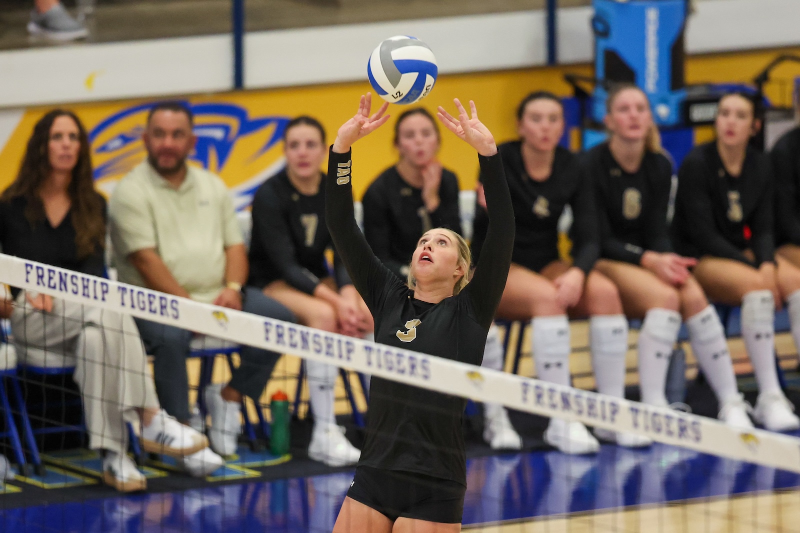 Seabolt Chase-12018 | Press Pass Sports Female volleyball player in a black uniform sets the ball above the net as teammates watch from the bench in the background.
