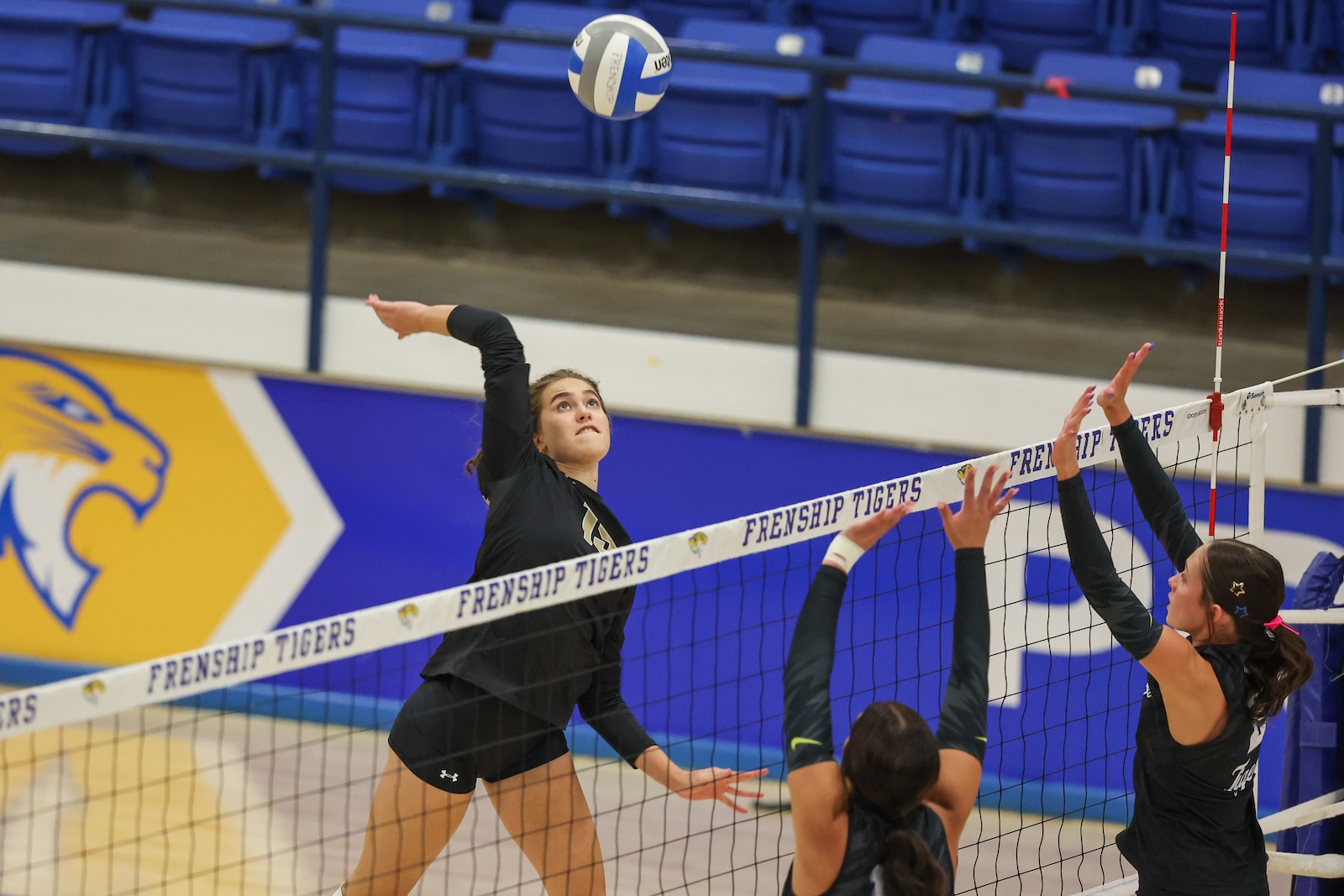 Seabolt Chase-12148 | Press Pass Sports A volleyball player in black jumps to spike the ball at the net while teammates block from the other side in a gym with blue bleachers and a yellow tiger logo in the background, mid-action.