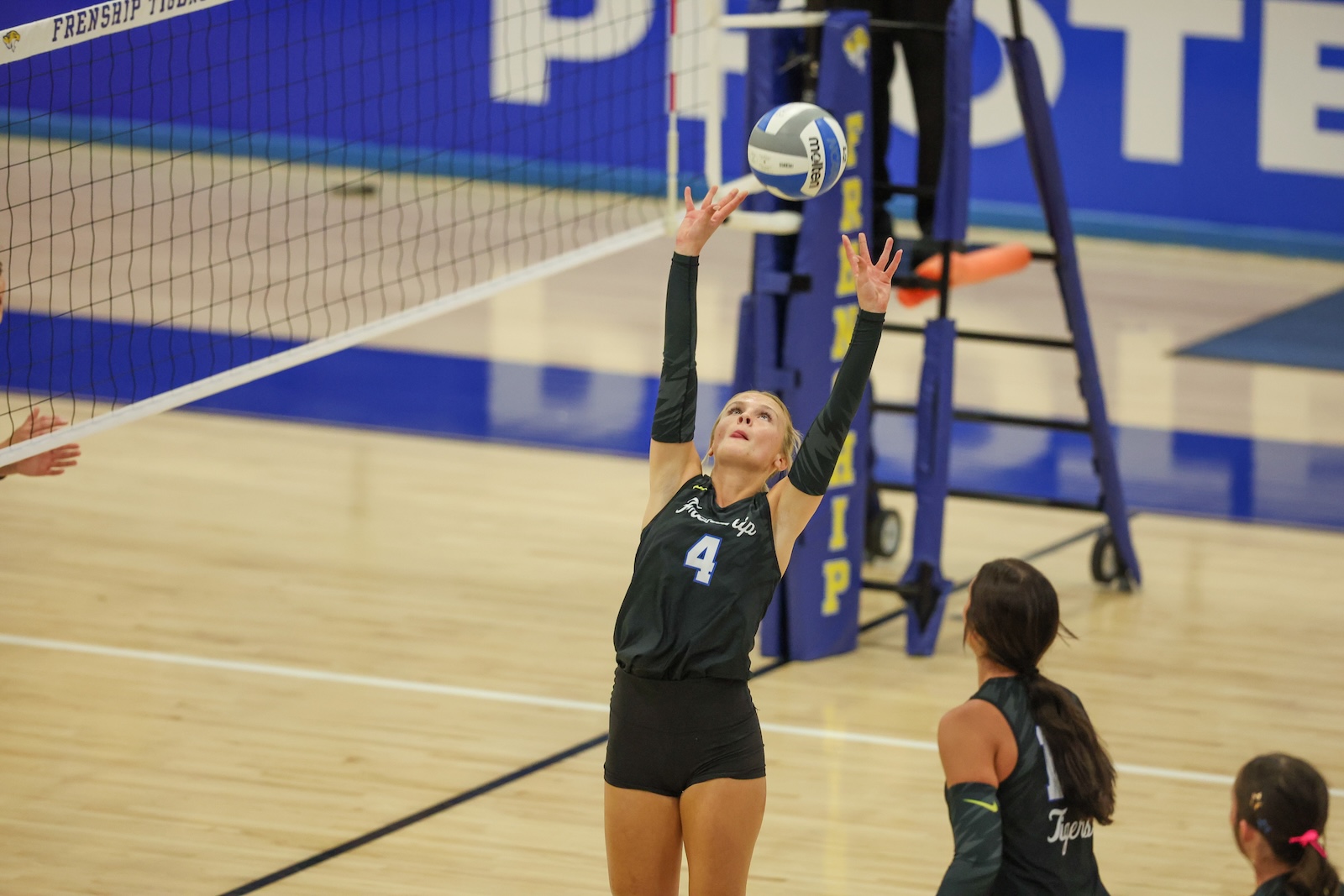 Seabolt Chase-12164 | Press Pass Sports Volleyball player wearing #4 in black jersey jumps to set the ball over the net as teammates watch in a gym court.