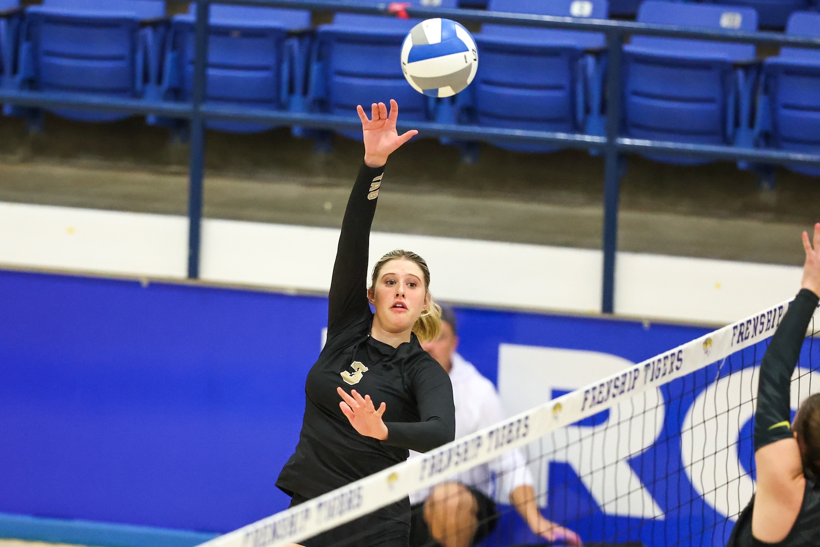 Seabolt Chase-12873 | Press Pass Sports Female volleyball player in a black uniform jumps to spike the ball over the net in a blue gymnasium environment.