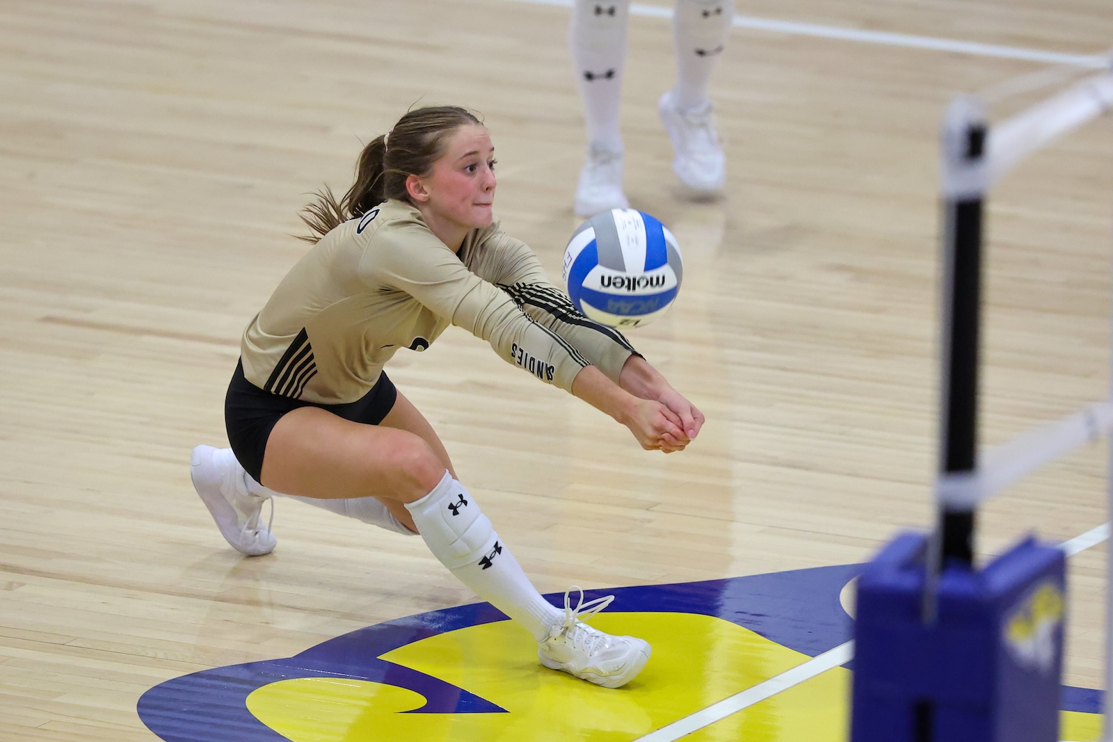 Seabolt Chase-12900 | Press Pass Sports Female volleyball player dives low to dig the ball during a match, reaching toward the ball with extended arms on a polished court.