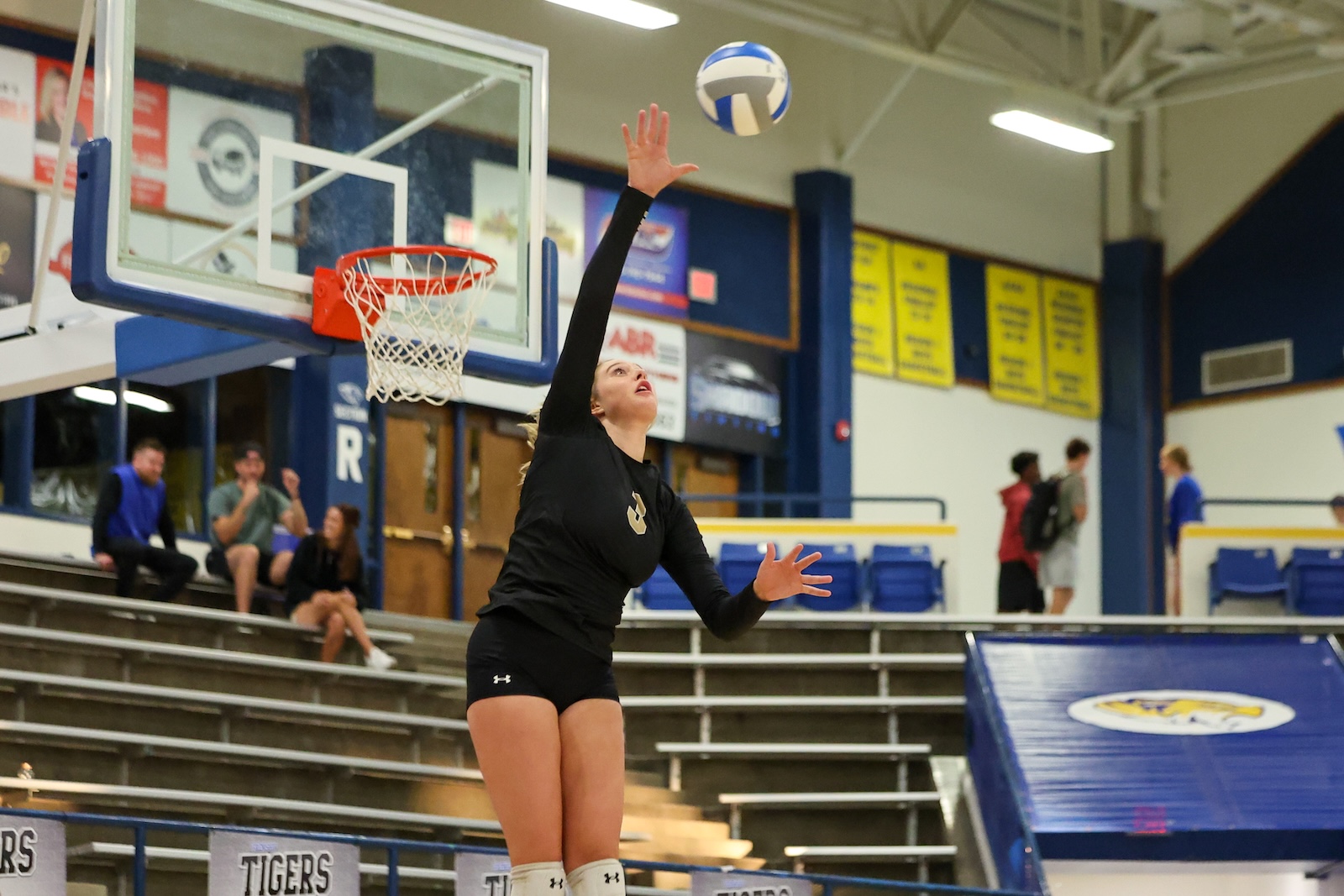 Seabolt Chase-26235 | Press Pass Sports Female volleyball player in black uniform reaches up to hit a ball during a game in a gym, with bleachers and banners in the background.