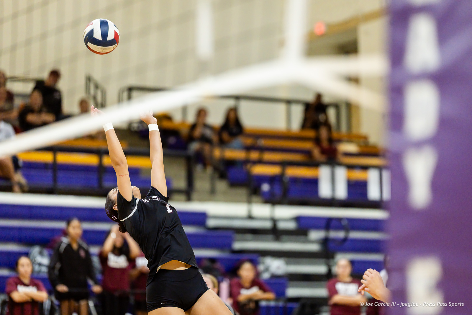 herford-vs-canyon-volleyball-jpegJoe-pps-10 | Press Pass Sports Female volleyball player in a black uniform jumps to block the ball at the net during an indoor match.