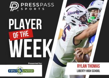 Copy of 2023 Athlete of the Week 72 | Press Pass Sports Banner announcing 'Player of the Week' for Press Pass Sports, featuring football players and sponsor logos (First United Bank, Liberty High School).