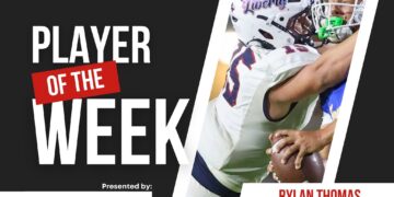 Banner announcing 'Player of the Week' for Press Pass Sports, featuring football players and sponsor logos (First United Bank, Liberty High School).