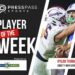 Copy of 2023 Athlete of the Week 72 | Press Pass Sports Banner announcing 'Player of the Week' for Press Pass Sports, featuring football players and sponsor logos (First United Bank, Liberty High School).