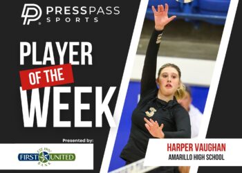 Copy of 2023 Athlete of the Week 73 | Press Pass Sports Cover graphic announcing 'Player of the Week' for Press Pass Sports, featuring a volleyball player reaching for a ball on the right and bold text on dark background.