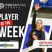 Cover graphic announcing 'Player of the Week' for Press Pass Sports, featuring a volleyball player reaching for a ball on the right and bold text on dark background.