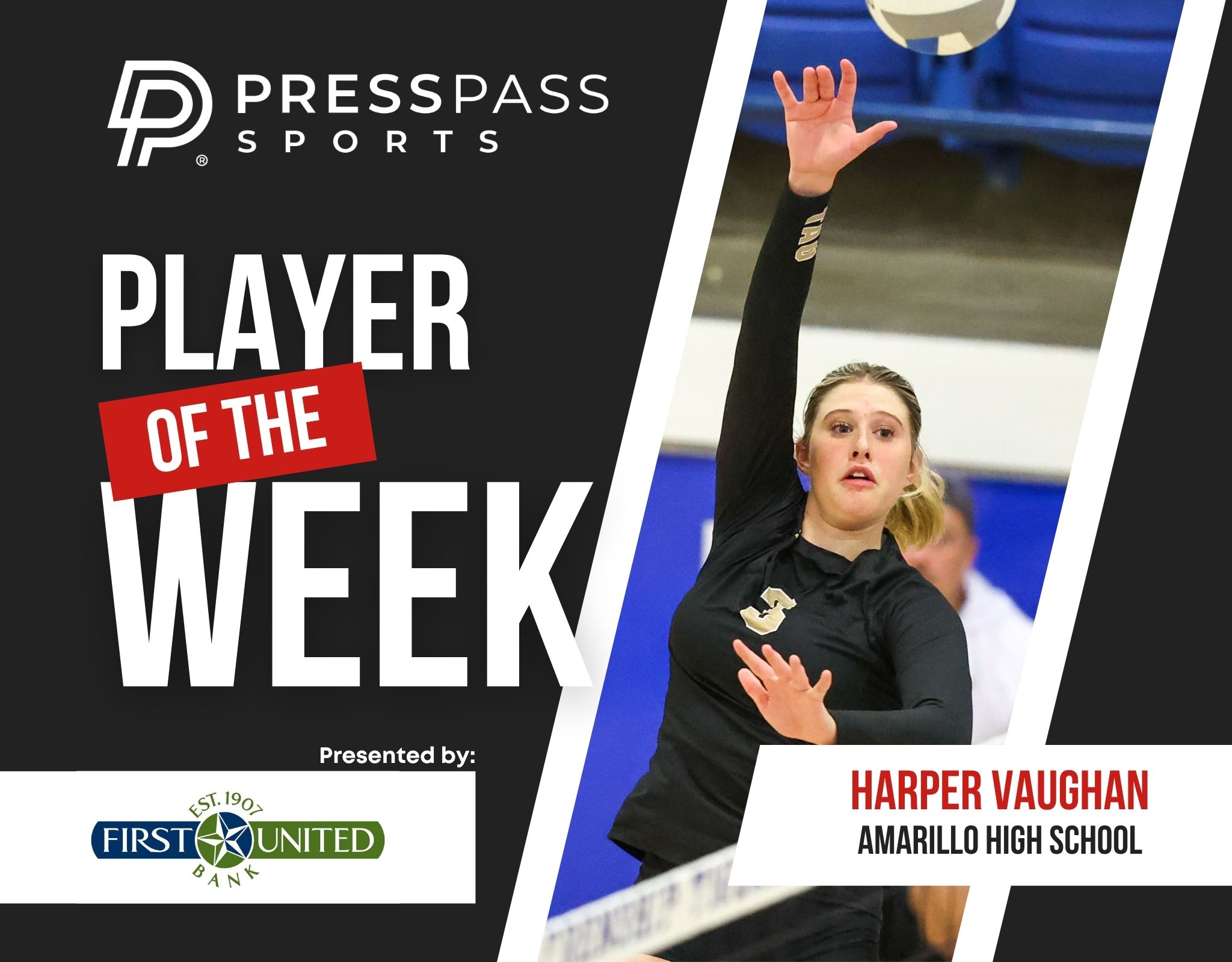 Copy of 2023 Athlete of the Week 73 | Press Pass Sports Cover graphic announcing 'Player of the Week' for Press Pass Sports, featuring a volleyball player reaching for a ball on the right and bold text on dark background.