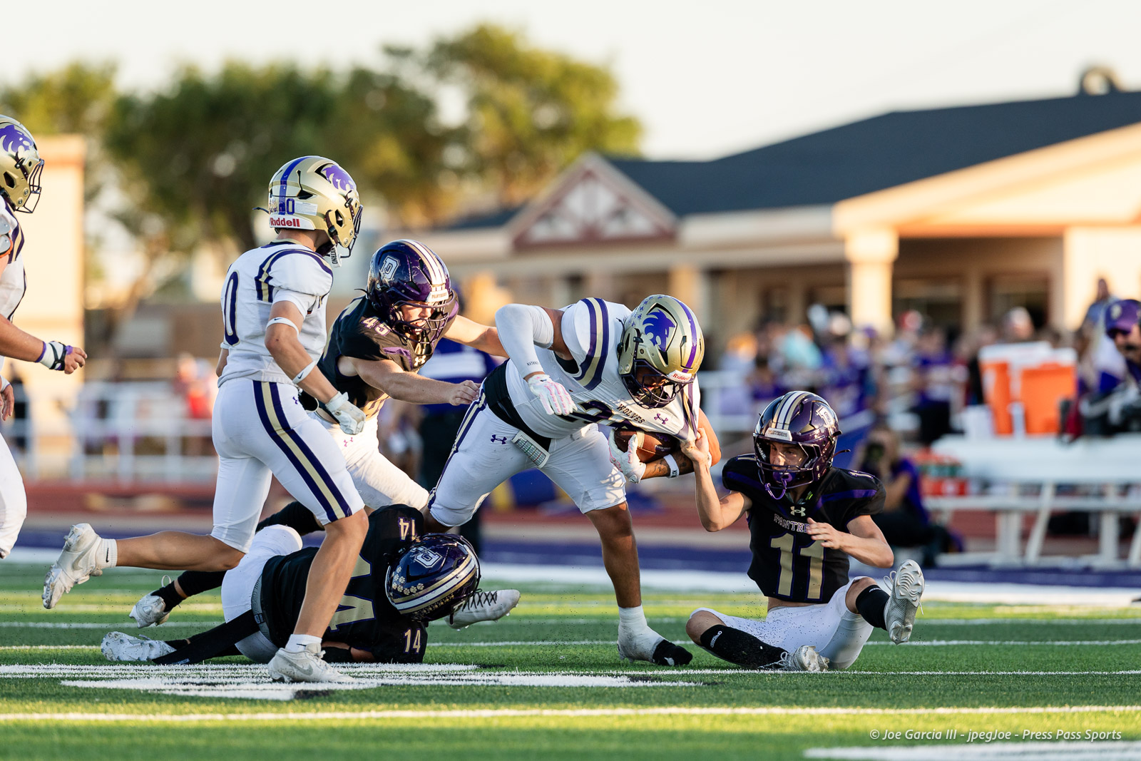 dalhart-vs-panhandle-football-jpegJoe-pps-17 | Press Pass Sports Football players in white and purple uniforms collide as they tackle on a bright green football field with a blurred crowd in the background.