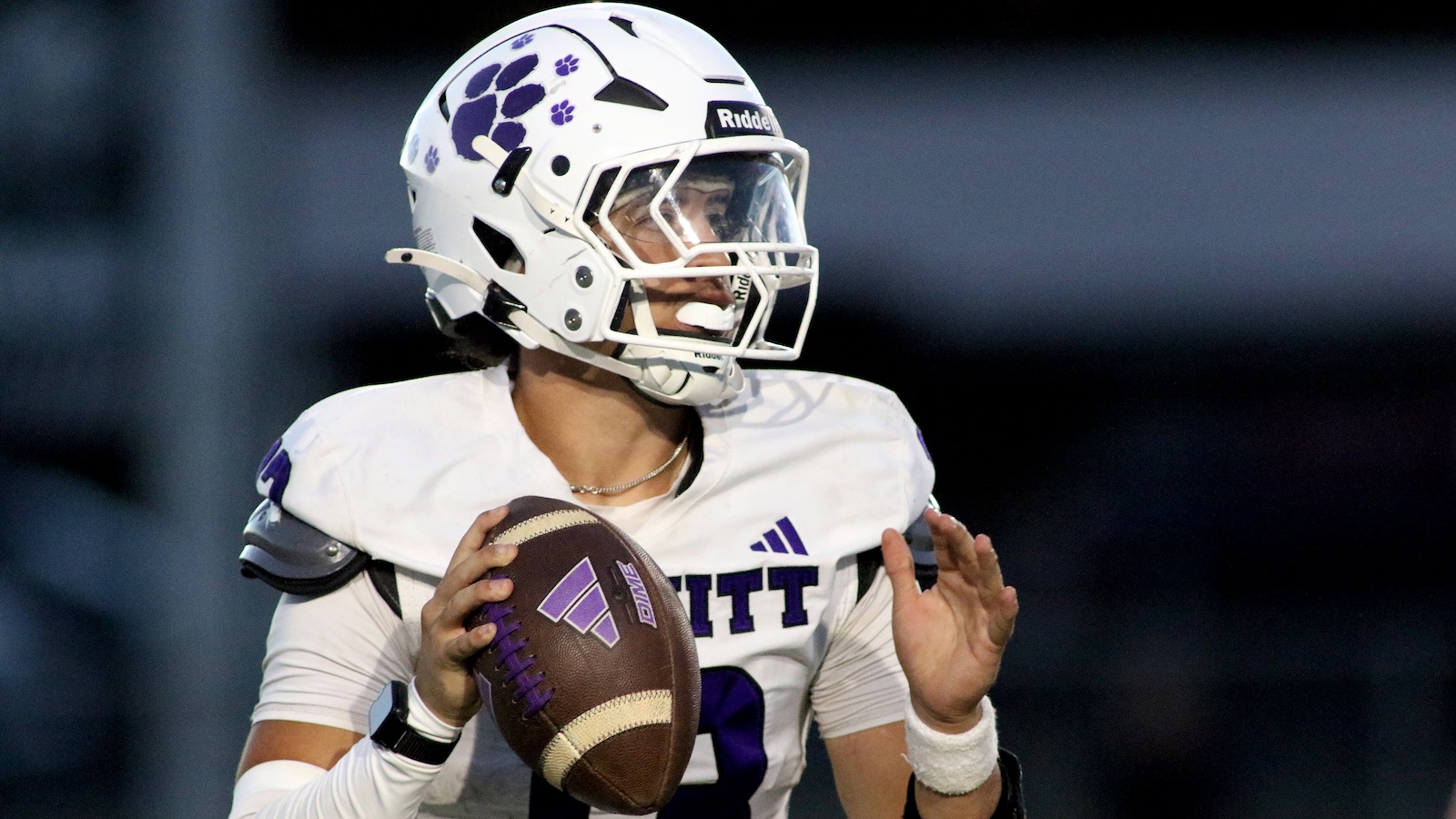 Football player in a white Pitt uniform grips a brown football, wearing a white helmet with purple paw decals and faceguard.