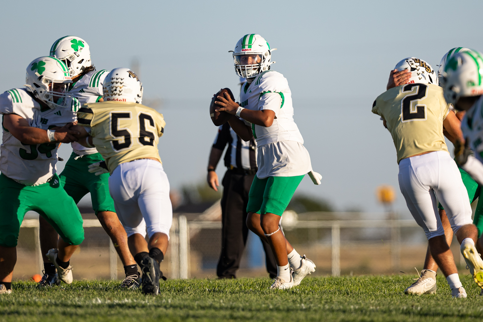 Quarterback in white jersey with green pants holding the football, surrounded by teammates during a play on the field at sunset.
