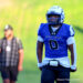 Football player in blue Palo Duro jersey and helmet on the field, smiling, with blurred teammate in background.