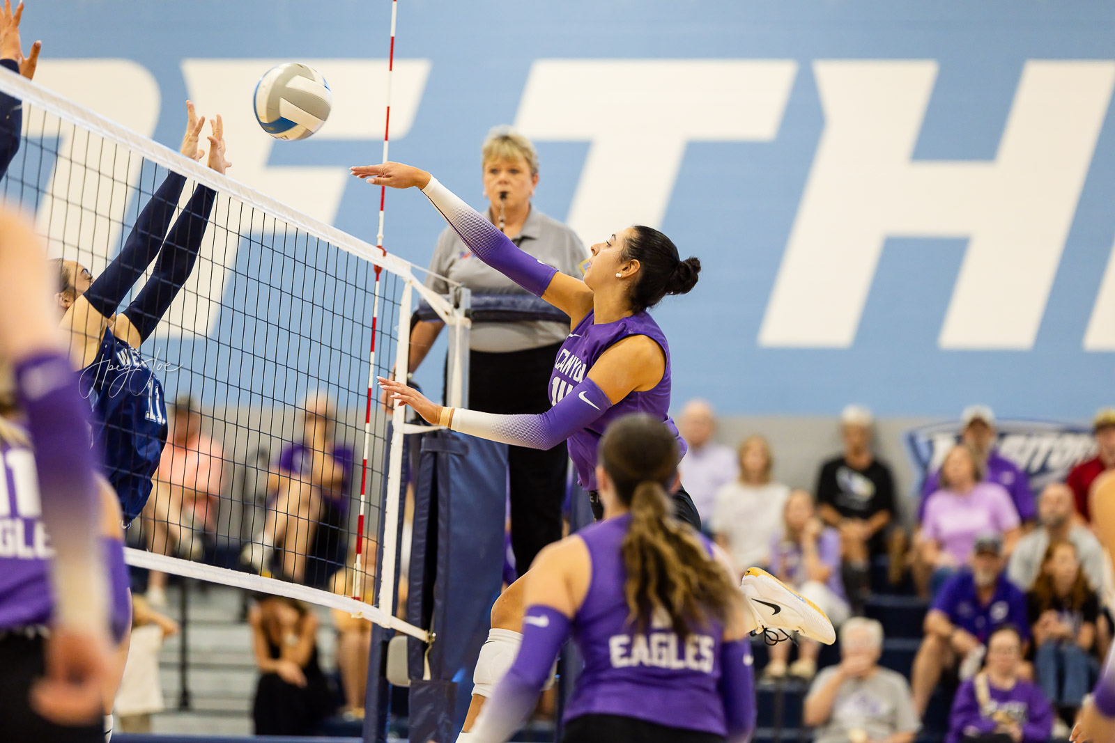 canyon-vs-west-plains-jpegJoe-volleyball-pps-6 | Press Pass Sports Purple-jersey volleyball player leaps to spike the ball over the net as defenders reach up to block; referee and audience in the background.