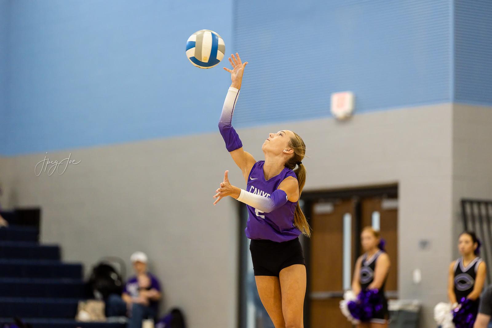 canyon-vs-west-plains-jpegJoe-volleyball-pps-7 | Press Pass Sports Female volleyball player in a purple jersey reaches up to hit a ball mid-air during an indoor match "We are family" style gym.
