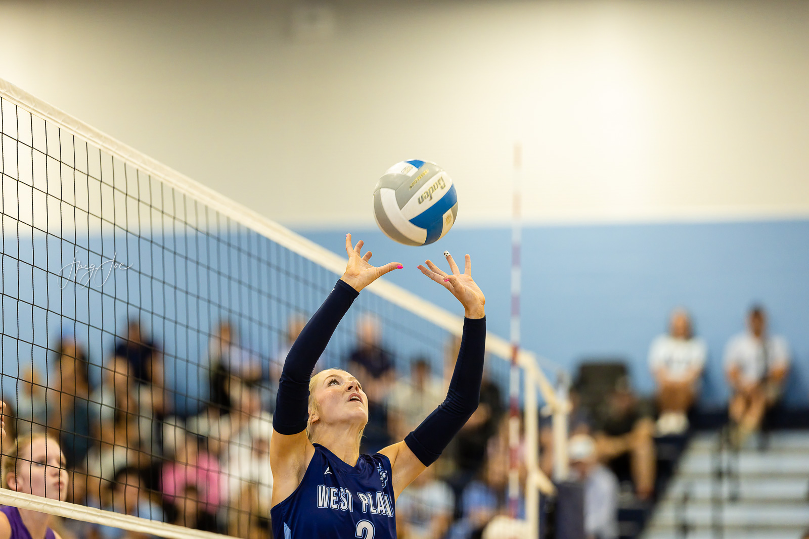 canyon-vs-west-plains-jpegJoe-volleyball-pps-22 | Press Pass Sports Female volleyball player in a blue West Plains jersey reaches up to contact a volleyball at the net during a match.